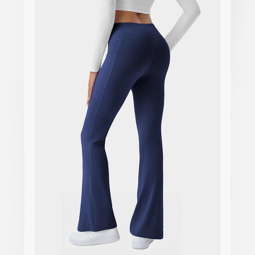 Navy Blue Flare Yoga Pants High Waisted Crossover Bootcut Leggings w Pockets - Picture 3 of 8